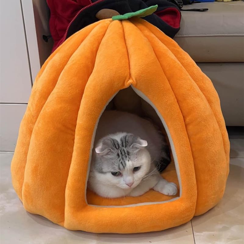 review Cat Beds for Indoor Cats, Pumpkin Cat House,Cute Pumpkin Shape Cat Cave Bed Cat Tent with Removable Cushion, Warm Cave Nest Sleeping Bed Puppy House for Cats Small Dogs (Orange, 22 in)