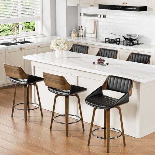Image of YaFiti Bar Stools Set of 4, 26 inch Swivel Counter Height Barstools with Bentwood Back and Legs, Mid Century Modern Upholstered Faux Leather Counter Stools for Kitchen Island, Bar, Dining Room, Black