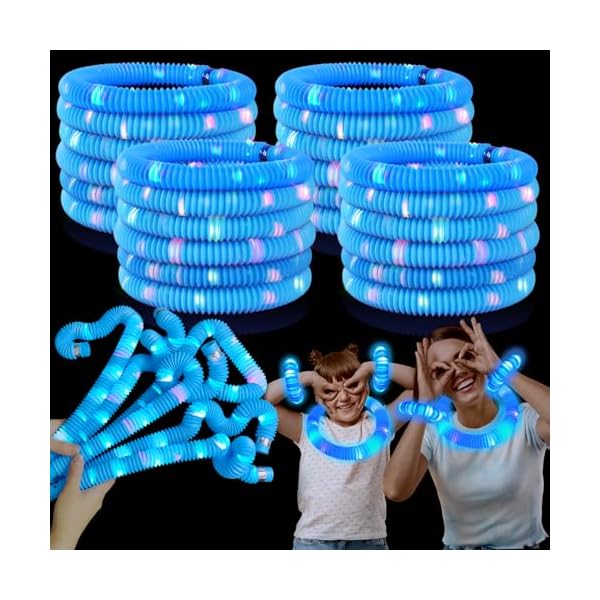 Blue Glow Sticks Party Favors for Kids 24 PCS,LED Light up Pop Tubes for Toddlers, Neon Necklaces Bracelets Accessories, Glow Birthday Wedding Dance Party Supplies Camping Toys Decorations