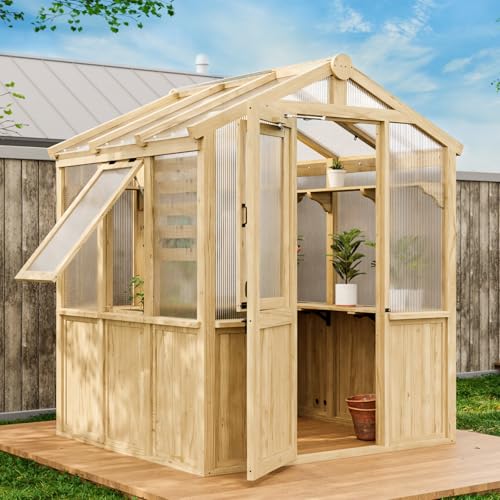 EAGLE-PEAK-67x6x77-ft-Wood-and-Polycarbonate-Walk-in-Greenhouse-Cedar-Hobby-Green-House-with-Roof-Vent-Natural EAGLE PEAK 67x6x77 ft Wood and Polycarbonate Walk in Greenhouse Cedar Hobby Green House with Roof Vent Natural