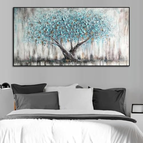 Arbre de vie toile abstraite bleu et or 75x150cm peinture moderne sans cadre pour salon