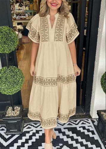 Image of chouyatou Women's Summer Printed Floral Dress Casual Notch Neck Cotton Midi Long Mexican Tunic Dress