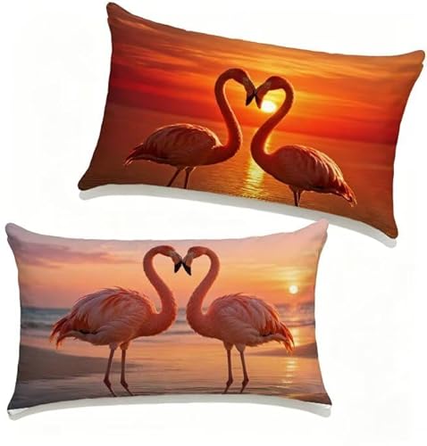 Image of Cushion Covers 30x50 cm Set of 2 Sunset Outdoor Cushions Covers 30 x 50 cm Linen Decorative Seat Pads Flamingos Invisible Zipper Design Double-Sided Printing for Summer Spring Decor Gifts T-726E52