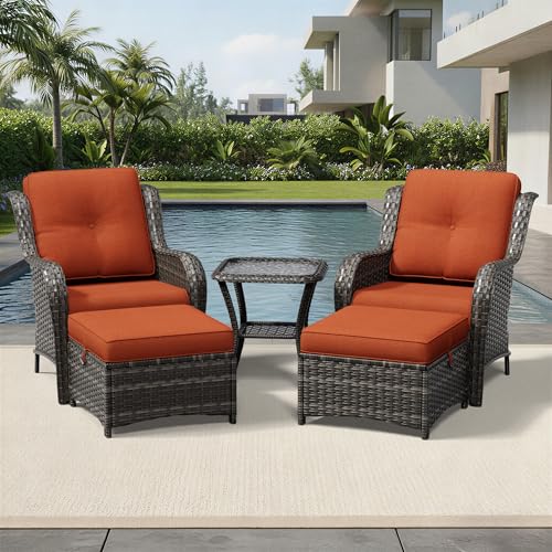 Image of Joyside 5 Piece Wicker Patio Furniture Set, Rattan Patio Chairs with High Back, Deep Seating, Wide Armrest, Thickened Cushions, Outdoor Furniture for Deck, Porch Use