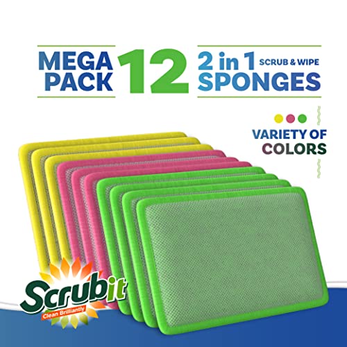 Scrubit - [12 Pack] Scrub And Wipe Cleaning Pads – Dual Sided Scouring Pad And Dish Sponge -Reusable Kitchen Sponge For Pots, Pans Utensils & Non-Stick Cookware - Assorted Color Dishwashing Sponges #TOP4