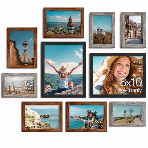 Image of Vittanly 10 Pack Picture Frames, Picture Frames Collage Wall Decor with Two 8x10, Four 5x7, Four 4x6 Photo Frames, Gallery Wall Frame Set for Wall or Tabletop Display, Black, Walnut Brown, Dark Grey