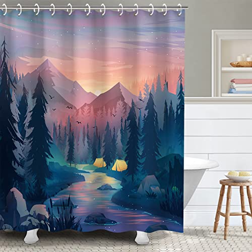 RosieLily Trippy Mountain Forest Shower Curtain Set, Cool Tree Bathroom