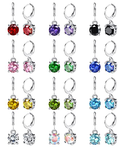 JOERICA 12 Pairs Leverback Dangle Earrings for Women Stainless Steel Dangle Hoop Earrings Set Multi Colored 8mm Cubic Zirconia Earrings - Main Image