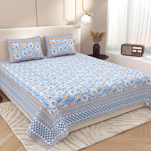 Image of Urban Jaipur 100% Cotton Bedsheet for Double Bed (90 x 108 Inches) | 210 TC King Size Bed Sheet for Double Bed with 2 Pillow Covers | Pure Cotton Jaipuri Bedsheet (Blue, Brown)