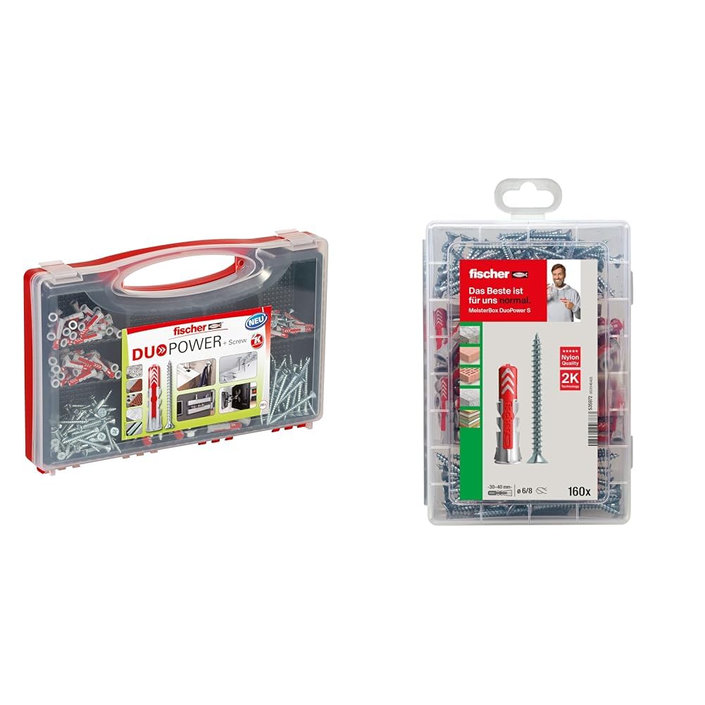 Fischer Red-Box Duopower Wkręty, Szary, 280 sztuk & fischer MEISTER-BOX DUOPOWER + śruba, skrzynka narzędziowa z 160 kołkami i śrubami