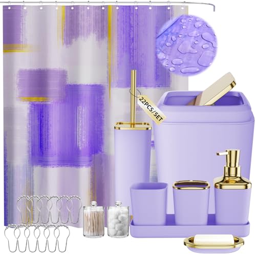 Purple Bathroom Accessories Set, Bathroom Sets with Shower Curtain, Purple Bathroom Accessories with Trash Can, Soap Dispenser, Soap Dish, Toilet Brush Holder, Qtip Holders for Bathroom