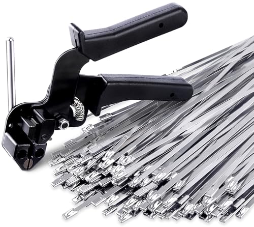 Sinlon Stainless Steel Cable Tie Gun, Special Tool For Fastening And Cutting Metal Zip Ties, With 150pcs 11.8in Uv Resistant Heavy Duty Cable Ties For Fence Exhaust Pipe Outdoor.