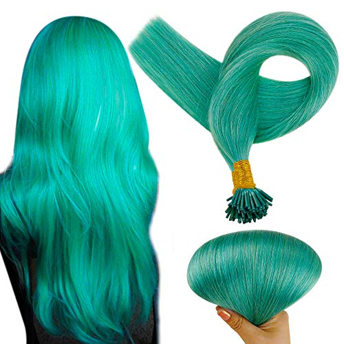 Full Shine 16 Inch I Tip Hair Extensions Real Hair Extensions 50 Strands Teal Colorful Fusion I Tip Pre Bonded Brazilian Hair Cold Fusion Hair Extensions 0.8 Gram Per Strand 40 Gram Per Package