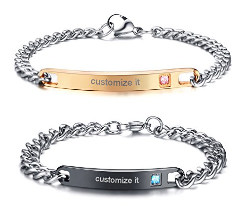 MEALGUET Personalized Gift Custom Engraving His and Hers Couples Stainless Steel Nameplate Bar Bracelets Set for Men Women