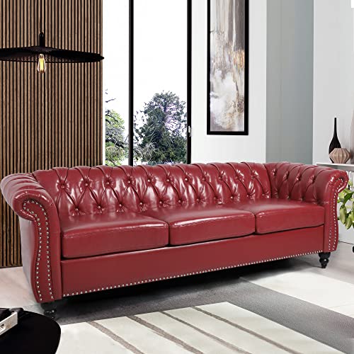 Avzear Leather Sofa 3 Seater Couch, Large Sofa Furniture Roll Arm Classic Tufted Chesterfield Settee Leather Sofa With Channel Tufted Seat Back For Living Room, Claret #TOP2