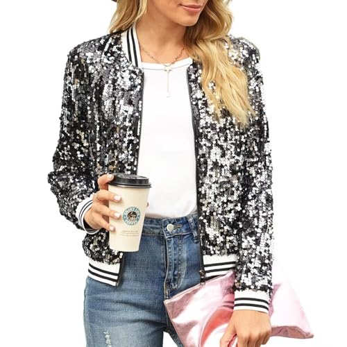 itnpbwus Sparkly Jacket for Women Long Sleeve Open Front Zipper Shiny Party Sequin Tops Black S