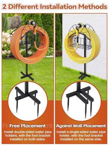 Kalolary 2 in 1 Garden Hose Holder, Upgraded Water Hose Holder Heavy Duty Metal Hose Stand Hanger with 4 Spikes Detachable Basket Garden Hose Storage Rack for Outdoor Use