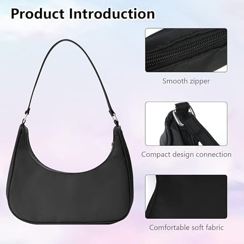 Aucuu Umhängetasche Damen Handtasche, Nylon Retro Achsel Tasche mit Pom-Pom-Schlüsselanhänger, Y2k Fashion Unterarmtasche mit Reißverschluss-Geschenk für Weihnachten und Geburtstag, Schwarz