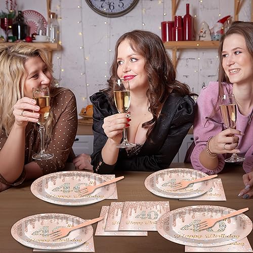 Image of 96PCS Rose Gold 40th Birthday Party Paper Plates and Napkins Forty Years Old Table Decorations 40th Birthday Disposable Dessert Tableware Set Serves 24 Guests Girl Ladies Women Party Supplies Favors