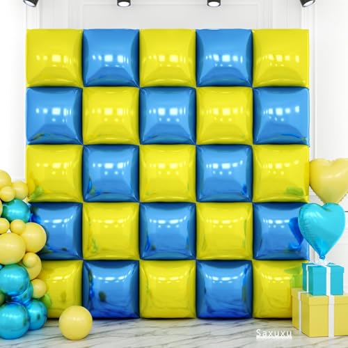 Blue and Yellow Square Foil Balloon Wall,19 Inches Double Sided S...