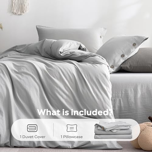 Image of JELLYMONI 100% Washed Cotton Duvet Cover Twin - Soft, Breathable Linen-Look Bedding with Natural Wrinkle Texture, Button Closure, 2-Piece Set (Pale Grey, 68 inchx90 inch)