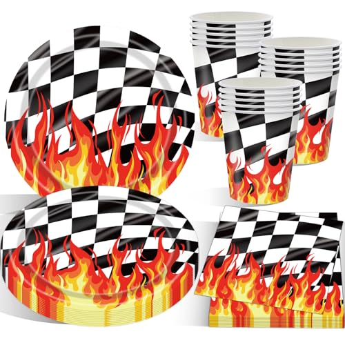 BlinBlin Racing Car Birthday Party Decorations, Racing Car Party Supplies Include Paper Plates, Paper Cups, Napkins for Kids Birthday, Race Theme Party, Serve 24