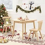 Curipeer Windsor Kids Table and 2 Chair Set, Rubberwood Children Toddler Table and Chair Set with Non-Slip Legs/Round Edge Design for Art, Play, Craft, Activity, Natural Wood