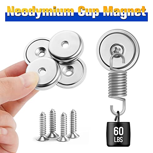 Vndueey Neodymium Cup Magnets, Strong Rare Earth Magnets Heavy Duty, 60Lbs 4 Pack Industrial Round Base Disc Magnets With Countersunk Hole And Stainless Screws For Kitchen, Office, Workplace, Craft #TOP2