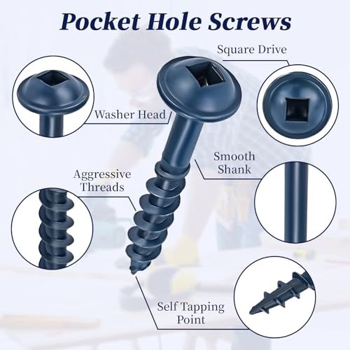 Pocket Hole Screws 1-1/4 Inch, Goobetter Pocket Screws #8 x 1-1/4" 600 Pcs for Exterior, Washer Head with Square Drive, Coarse Thread, Blue Coated, Self Tapping, 100MM Drive Bit Included miniatura 2