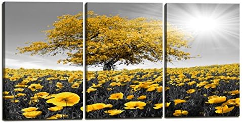 Wall Art Prints Yellow and Grey Tree Wall Art Flowers Floral Pictures Decor - 3 Panel Black and White Wall Art for Living Room(Size:14"x20"Inchx3 Panel)