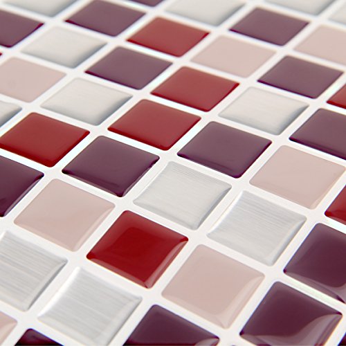 Faronze Kitchen Mosaic Wall Tiles Peel And Stick Self-Adhesive Diy Backsplash Stick-On Vinyl Wall Tiles For Kitchen And Bathroom 12" X 12" Each, 4 Sheets Pack (Burgundy) #TOP4