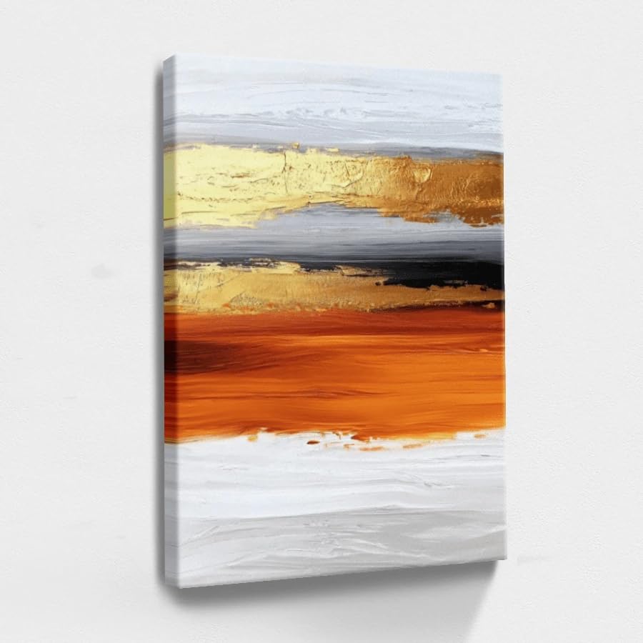 Tableau abstrait en toile avec des tons orange brûlé chaleureux et éclats d'or