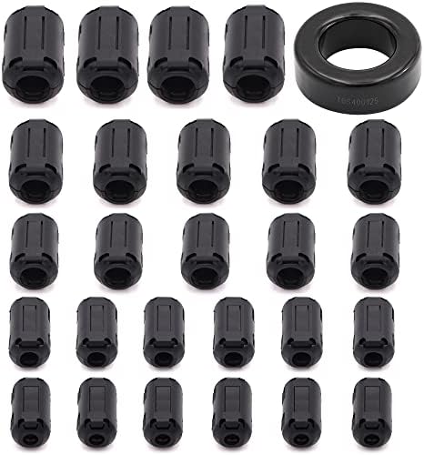 Taigoehua 27 Pieces RFI EMI Noise Suppressor Cable Clip for 3mm/ 5mm/ 7mm/ 9mm/ 13mm Diameter Cable with 40X24X16mm Ferrite Ring Toroid core Iron (Black)