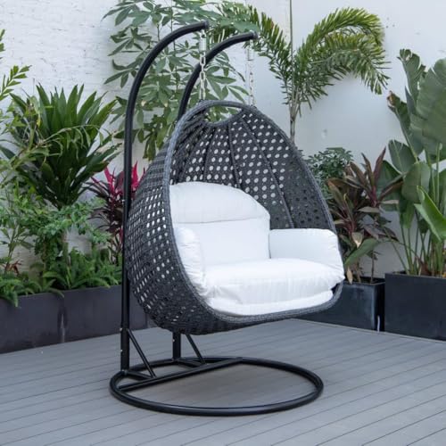 Image of Double Seater Hammock Swing Chair with Stand & Cushion | Heavy Duty Powder Coated Steel Frame | Outdoor Indoor Hanging Swing for Patio Balcony Garden Terrace Living Room (Grey-Dark.White)