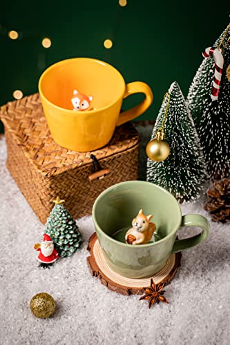 Dihoclub Squirrel Ceramic Cup Hidden 3D Animal Inside Mug,Cute Cartoon Handmade Figurine Mugs,Holiday And Birthday Gift For Coffee Milk Tea Lovers,12 Oz(Light Green) #TOP6