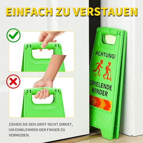 Achtung spielende Kinder Schild 2er Set, Warnaufsteller faltbar mit Kinder spielen Piktogramm & Reflexstreifen, wetterfest für Straße Einfahrt Wohngebiet
