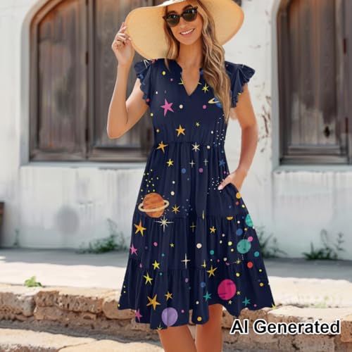 Image of Women's Casual Ruffle Sleeve Dress V Neck Pullover Dress Flowy A-Line Pleated Lightweight Dress with Pockets