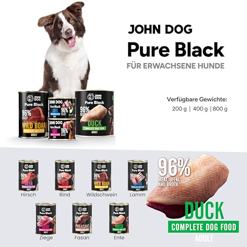 John Dog Hundenassfutter Pure Black Ente - Premium Getreidefreies Hundefutter mit 96% Fleisch - Monoprotein Nassfutter für ausgewachsene Hunde 6 x 800g