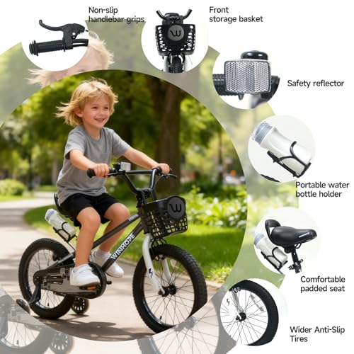 Image of WinHope 12-18 Inch Kids Bike with Light up Training Wheels for Boys Girls | Dual Brake Bicycle with Basket Adjustable Seat Water Bottle for Summer Riding Birthday Gift for Toddler 2-9 Years