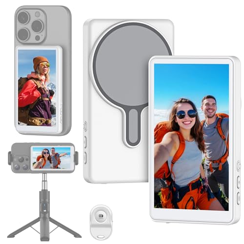 Oscio Vlog Selfie Monitor Screen, Wireless Back Camera Monitor for iPhone & Android, Magnetic Selfie Screen with Bluetooth Remote for Selfie/Vlog/Live Streaming/TikTok(White)