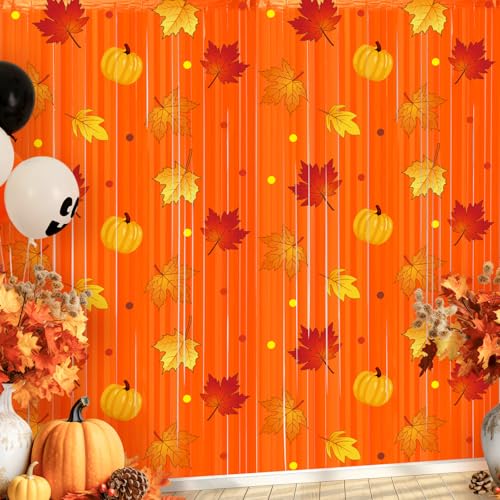 Image of Tiamon Fall Thanksgiving Party Decorations 2 Pack Orange Maple Leaves Pumpkins Pattern Photo Booth Props 3.3 x 6.6 ft Foil Fringe Curtains for Autumn Thanksgiving Birthday Baby Shower Backdrop Decor