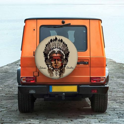 Image of Indian Cherokee Spare Tire Cover Warrior Art Culture Chief Hand Drawing Head Wheel Covers for RV Tires Camper Tire Case Protectors for Trailer Rv SUV Truck Travel Trailer 15 in