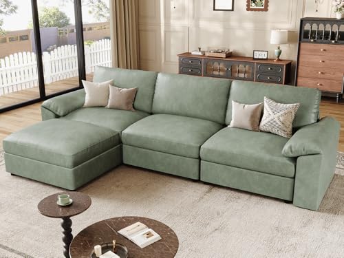 Image of EASE MOOSE Leather Sectional Couch, Oversized Modular Sectional Sofas, Vintage Wide Deep Seat Modular Couch, Scratch Resistant Faux Leather Material, L Shaped Sofa for Big Spaces,Green