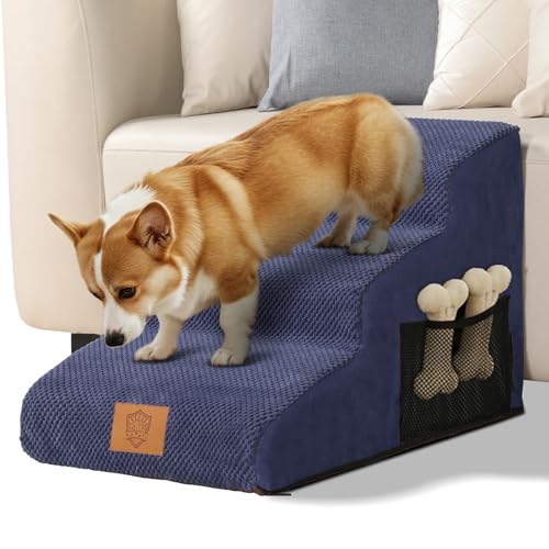 Eukue Hundetreppe für Kleine Hunde und Katzen, 3 Stufen Hundetreppen für Bett und Sofa, Hunderampe aus Hochdichtem Schaumstoff, Tragbare...