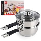 AVACRAFT 18/8 Stainless Steel Double Boiler, 1.5 Quart - Quality Clad Melting Pot for Butter, Chocolate, Cheese, Wax, Sauces - Even Heat, Tempered Glass Lid, Long Handle, Bottom has 5 Layers