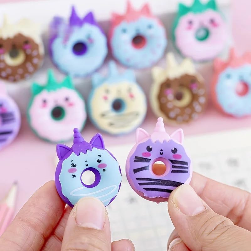Image of Radiance Cute Donut Shape Erasers for Kids | Kawaii Cartoon Pencil Erasers for School, Drawing & Homework | Soft Non-Toxic Rubber Erasers | Birthday Return Gifts, School Supplies (Pack of 12)