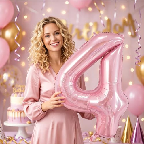 Image of Number Balloons Pink Party Balloon - Giant Number 4 Balloon, 40 Inch Large Balloon, Birthday Decorations for Women, Birthday Balloon for Anniversary Baby Shower Princess Party Decorations