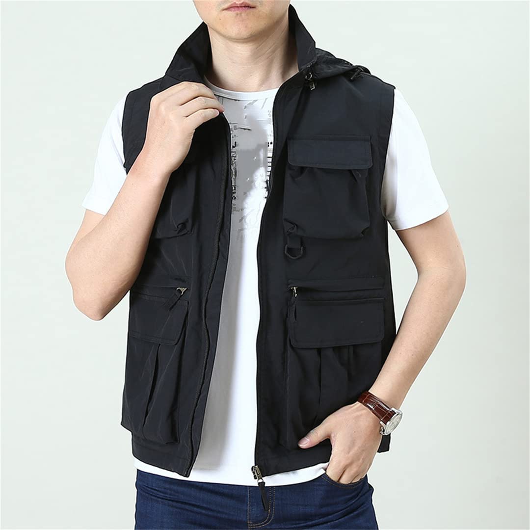 Gilet da pesca multitasche da esterno da uomo con cerniera e gilet da pesca traspirante Black Xxl