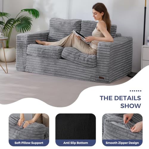 Image of MAXYOYO Loveseat Sofa Couch, Upholstered Bean Bag Chair Cloud Seat for Adults, Boneless Couch with Cushion & Pillows, Sofa in A Box, No Assembly Required, Faux Fur Grey