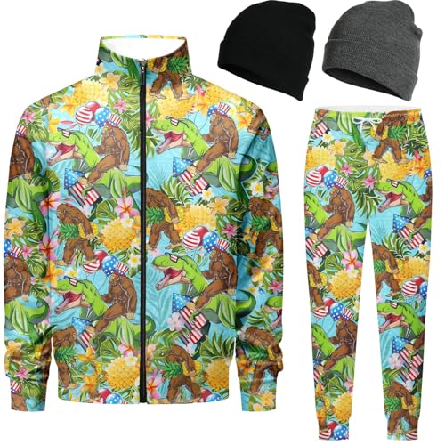 Retro 80s 90s outfit for men tracksuits sweatsuits for men 2 piece set Jogging Warm Up Zip with 2 Knit Beanie hat